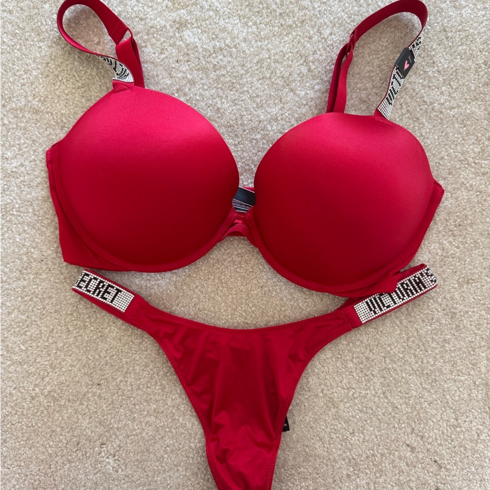 Victoria's Secret Red Rhinestone-Embellished Bra & Thong Set
